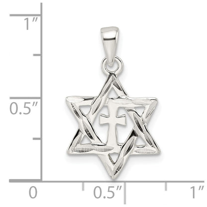 Sterling Silver Polished and D/c Star of David W/cross Pendant