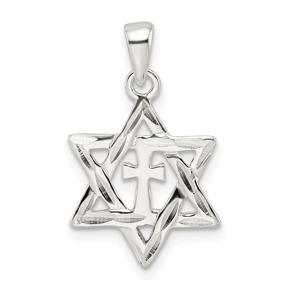 Sterling Silver Polished and D/c Star of David W/cross Pendant