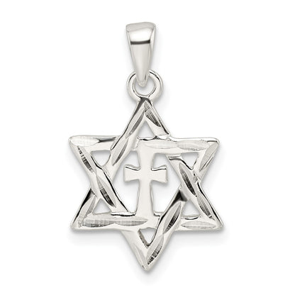 Sterling Silver Polished and D/c Star of David W/cross Pendant