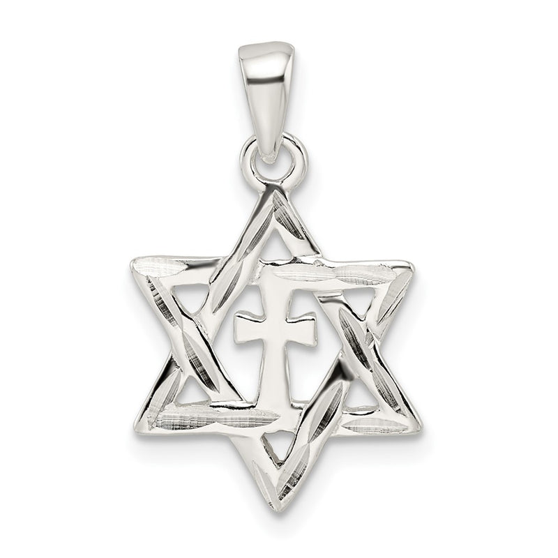 Sterling Silver Polished and D/c Star of David W/cross Pendant