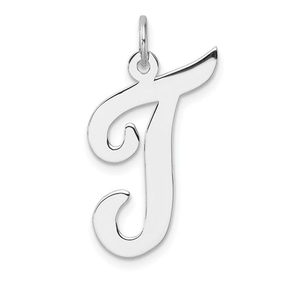 Large Sterling Silver Rhodium-Plated Script Letter T Initial Charm