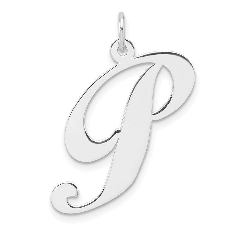 Large Sterling Silver Rhodium-Plated Fancy Script Letter P Initial Charm