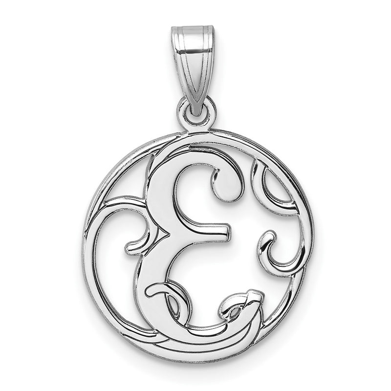 Small Sterling Silver Rhodium-Plated Fancy Script Letter E Initial Pendant