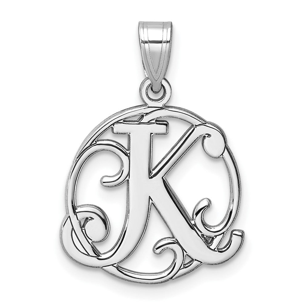 Small Sterling Silver Rhodium-Plated Fancy Script Letter K Initial Pendant