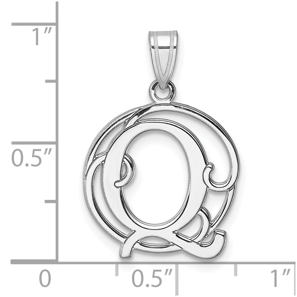 Small Sterling Silver Rhodium-Plated Fancy Script Letter Q Initial Pendant