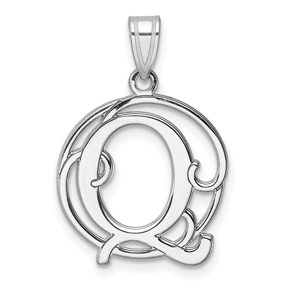 Small Sterling Silver Rhodium-Plated Fancy Script Letter Q Initial Pendant