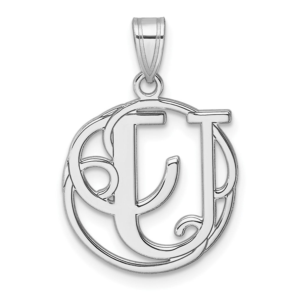 Small Sterling Silver Rhodium-Plated Fancy Script Letter U Initial Pendant