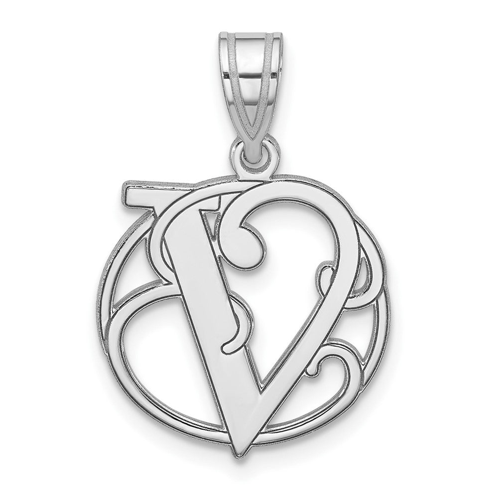 Small Sterling Silver Rhodium-Plated Fancy Script Letter V Initial Pendant