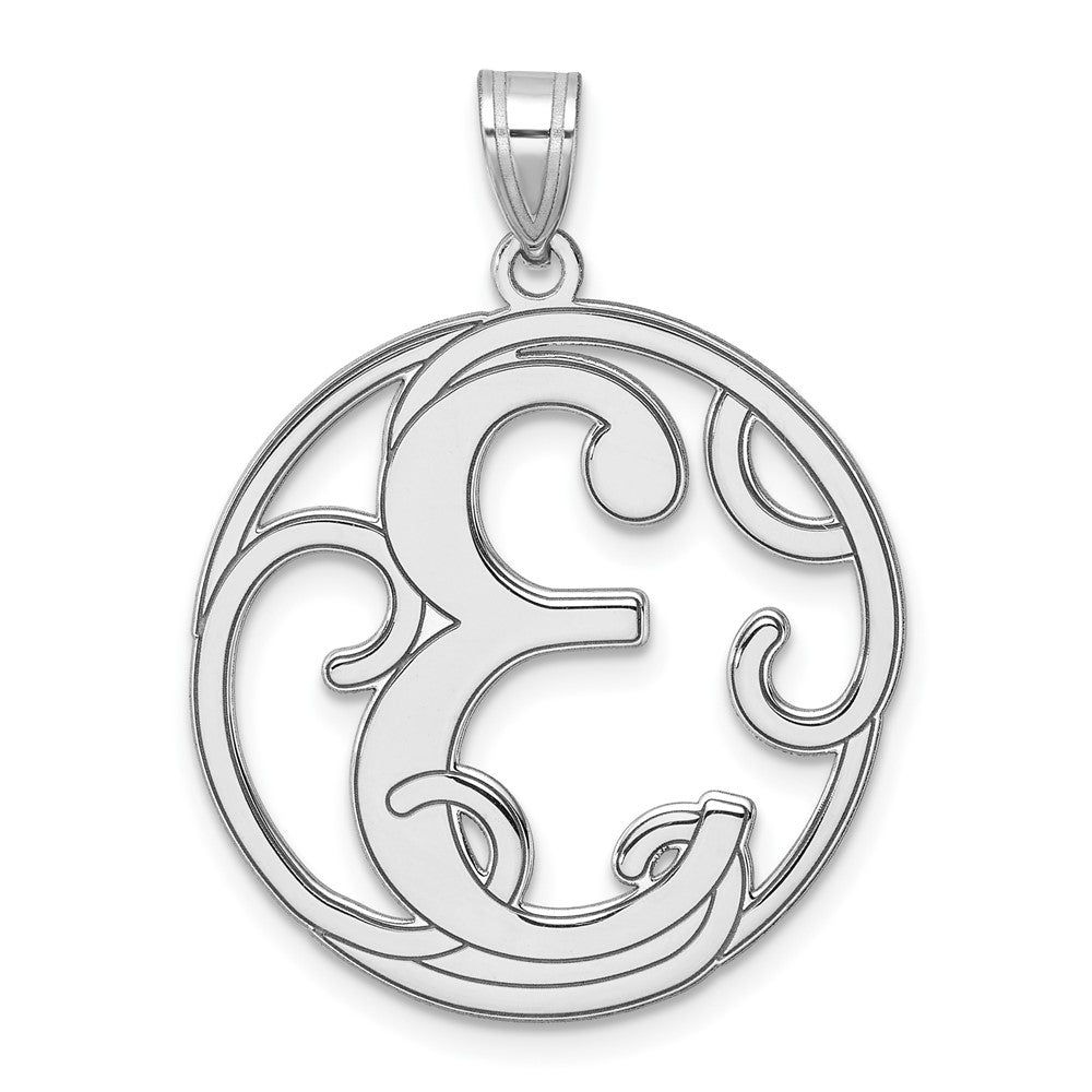 Large Sterling Silver Rhodium-Plated Fancy Script Letter E Initial Pendant