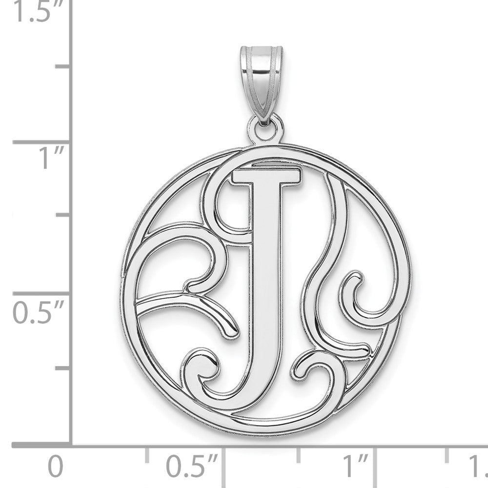 Large Sterling Silver Rhodium-Plated Fancy Script Letter J Initial Pendant