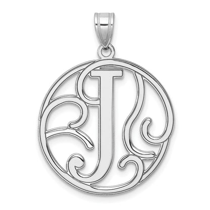 Large Sterling Silver Rhodium-Plated Fancy Script Letter J Initial Pendant