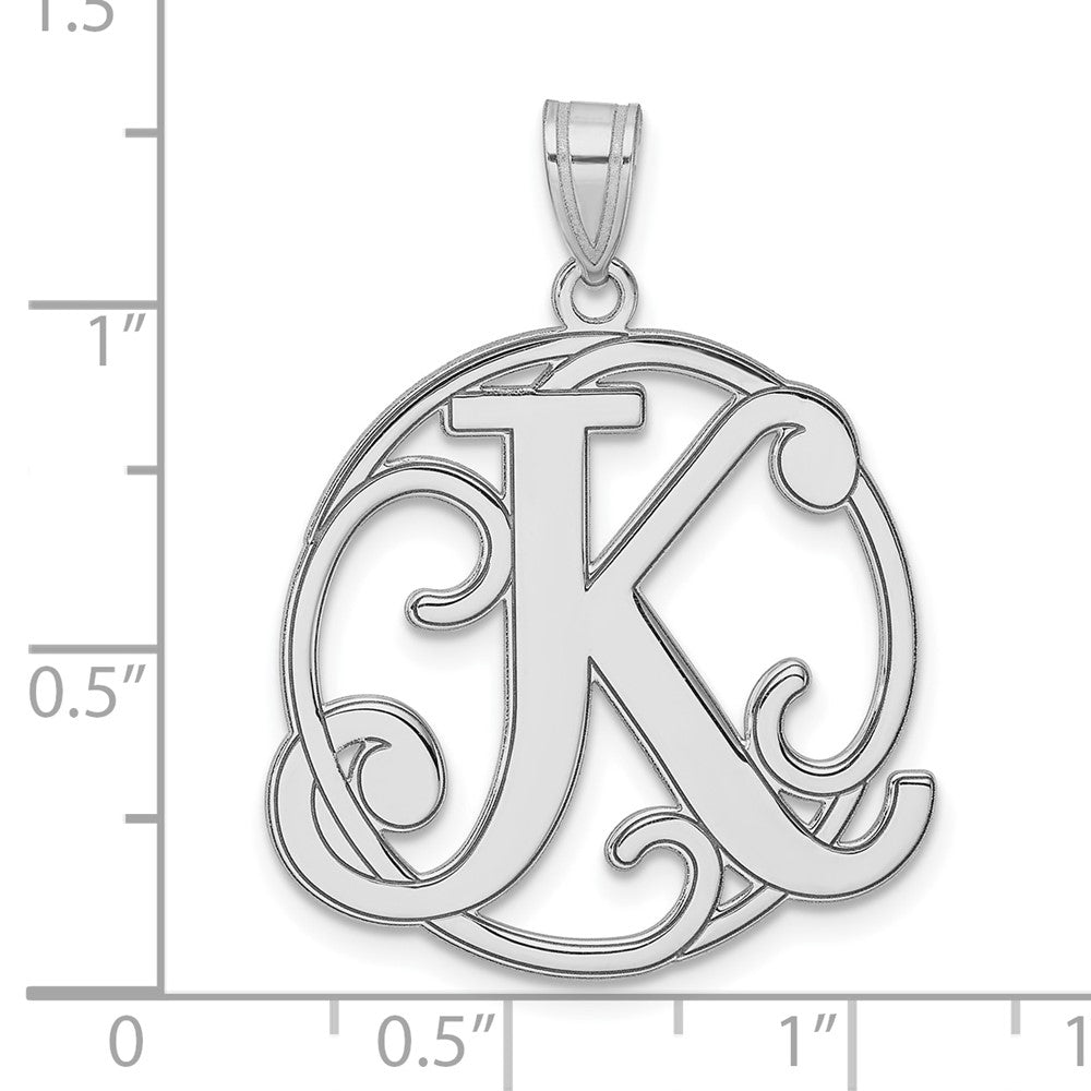 Large Sterling Silver Rhodium-Plated Fancy Script Letter K Initial Pendant