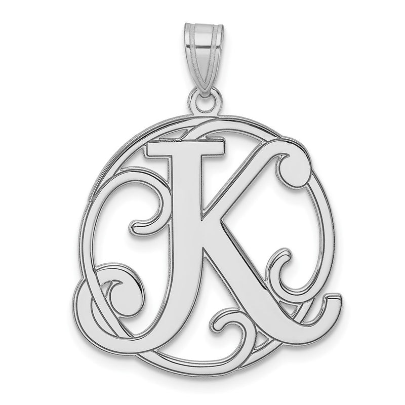 Large Sterling Silver Rhodium-Plated Fancy Script Letter K Initial Pendant