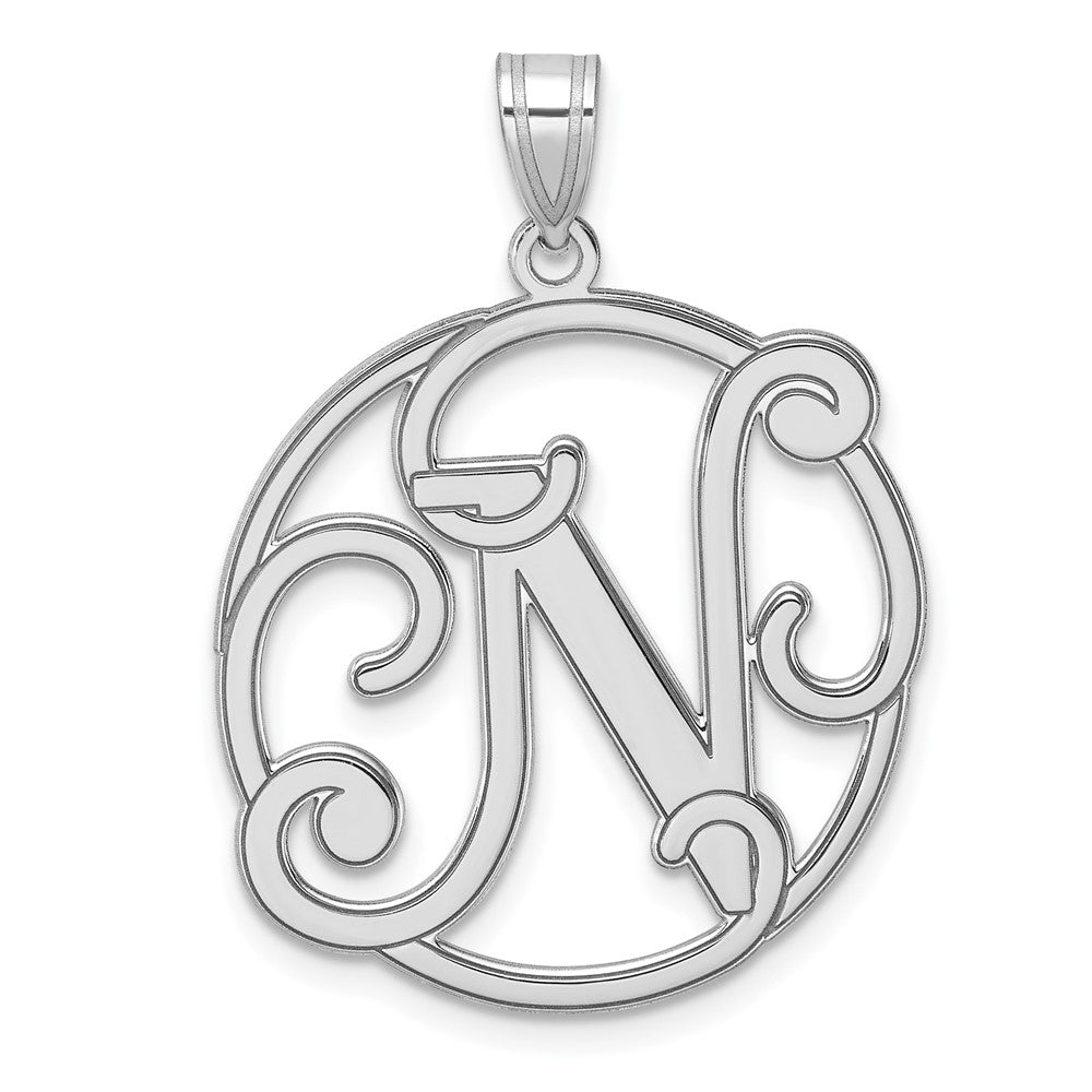 Large Sterling Silver Rhodium-Plated Fancy Script Letter N Initial Pendant