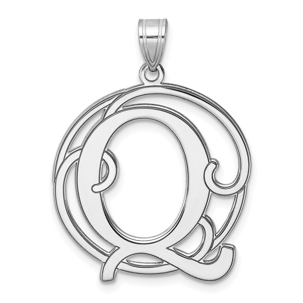 Large Sterling Silver Rhodium-Plated Fancy Script Letter Q Initial Pendant