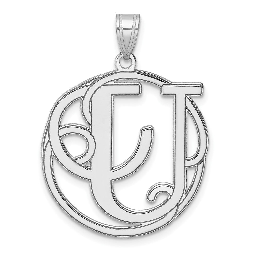 Large Sterling Silver Rhodium-Plated Fancy Script Letter U Initial Pendant