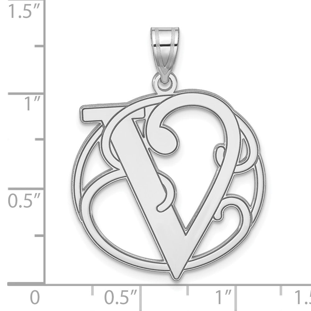 Large Sterling Silver Rhodium-Plated Fancy Script Letter V Initial Pendant