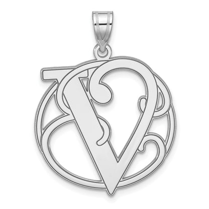 Large Sterling Silver Rhodium-Plated Fancy Script Letter V Initial Pendant