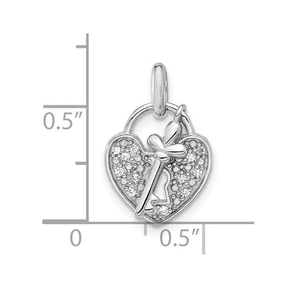 Sterling Silver Rhodium-Plated CZ Key and Heart Pendant