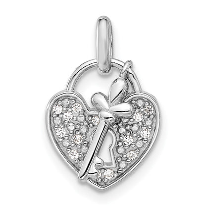 Sterling Silver Rhodium-Plated CZ Key and Heart Pendant