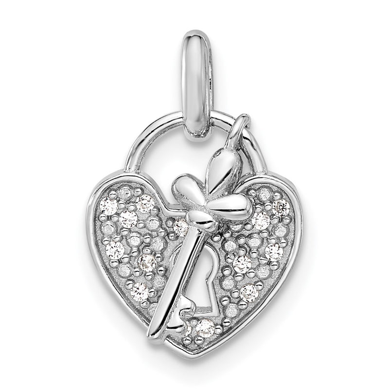 Sterling Silver Rhodium-Plated CZ Key and Heart Pendant