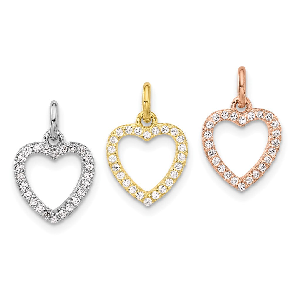 Sterling Silver Rhodium-Plated Gold and Rose-Tone CZ 3 Hearts Pendant