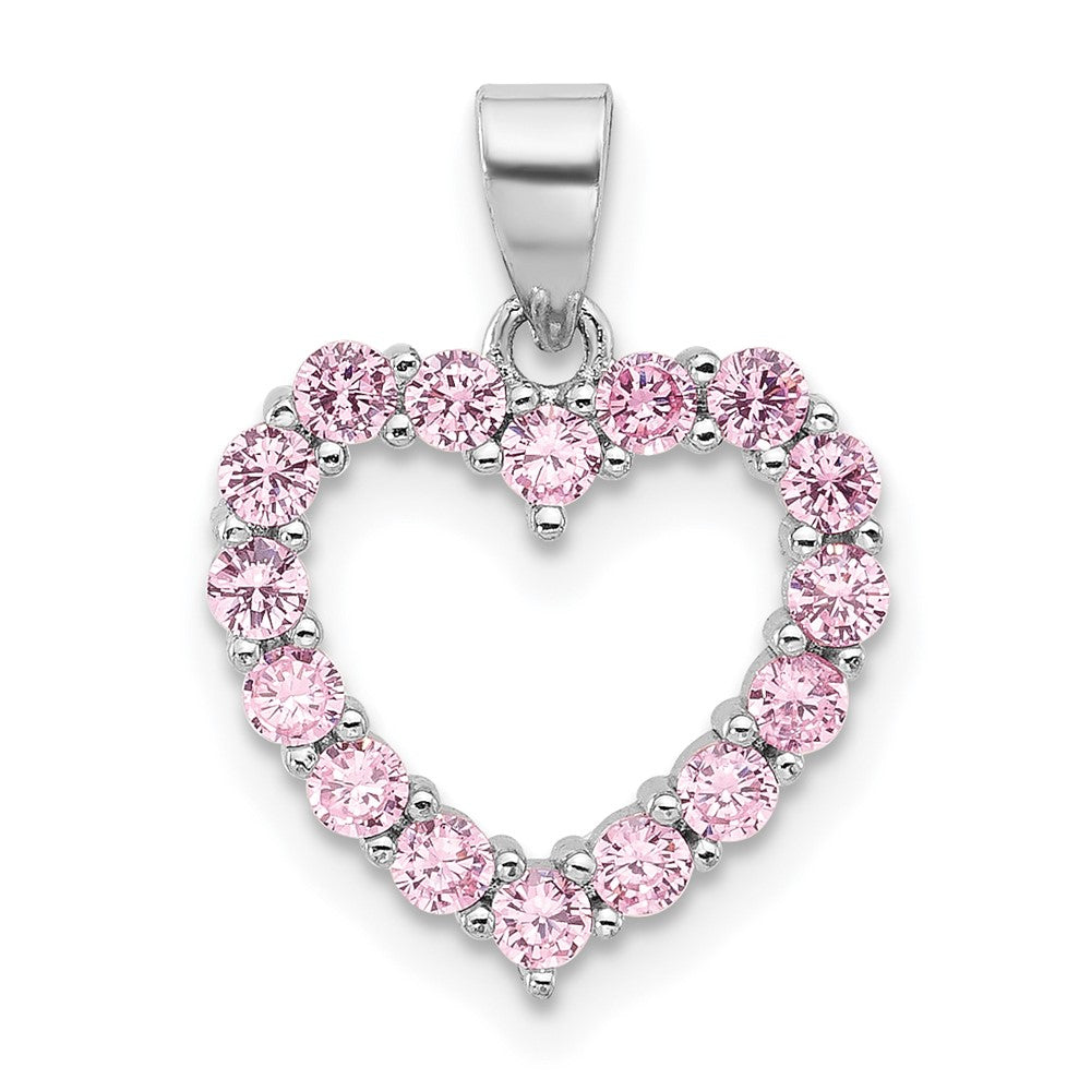 Sterling Silver Rhodium-Plated Pink CZ Heart Pendant