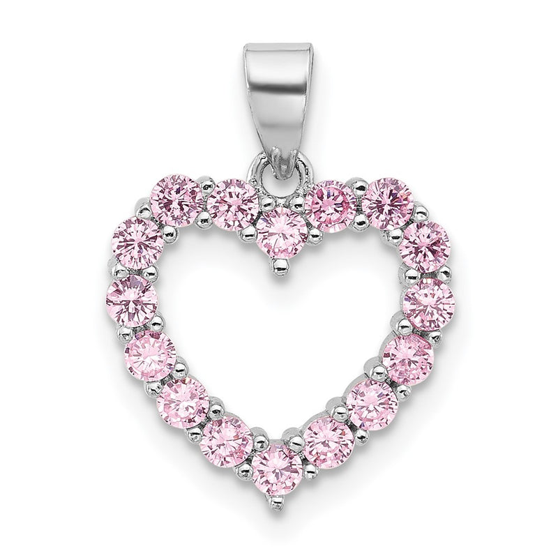 Sterling Silver Rhodium-Plated Pink CZ Heart Pendant
