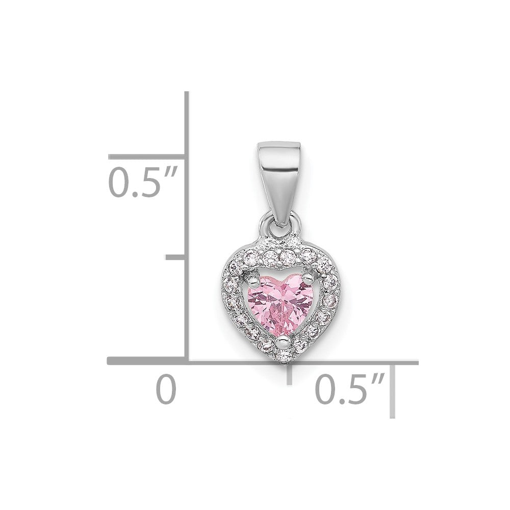Sterling Silver Rhodium-Plated Clear and Pink CZ Heart Pendant