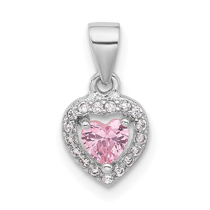 Sterling Silver Rhodium-Plated Clear and Pink CZ Heart Pendant