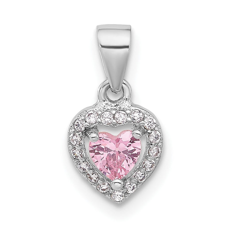 Sterling Silver Rhodium-Plated Clear and Pink CZ Heart Pendant