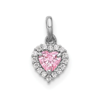 Sterling Silver Rhodium-Plated Polished Pink and White CZ Heart Pendant