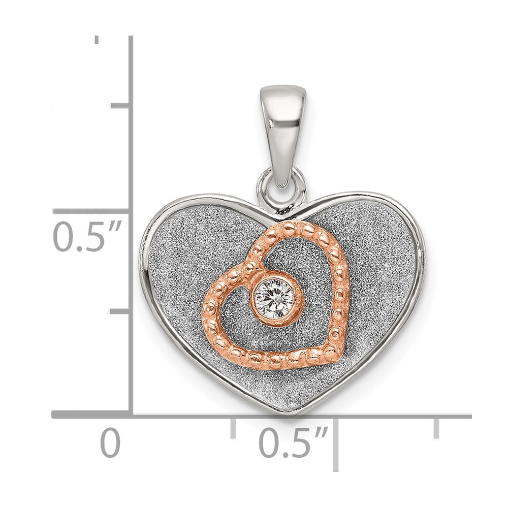 Sterling Silver Rose-Tone Polished and Glitter Fabric CZ Heart Pendant