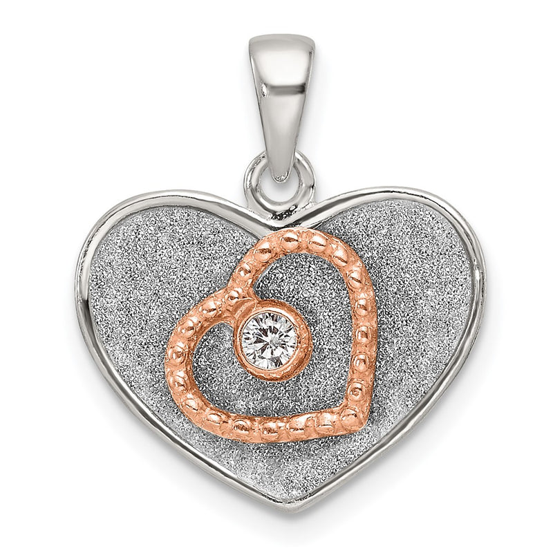 Sterling Silver Rose-Tone Polished and Glitter Fabric CZ Heart Pendant