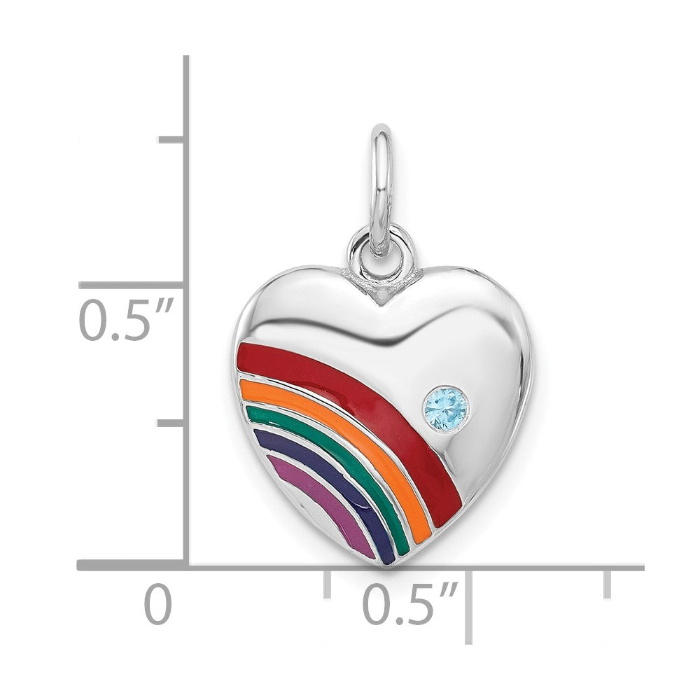 Sterling Silver Rhodium-Plated Enameled with CZ Rainbow Heart Pendant