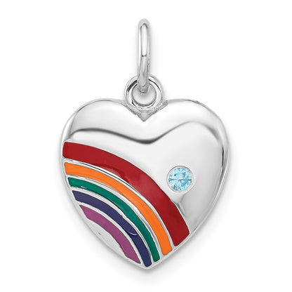 Sterling Silver Rhodium-Plated Enameled with CZ Rainbow Heart Pendant