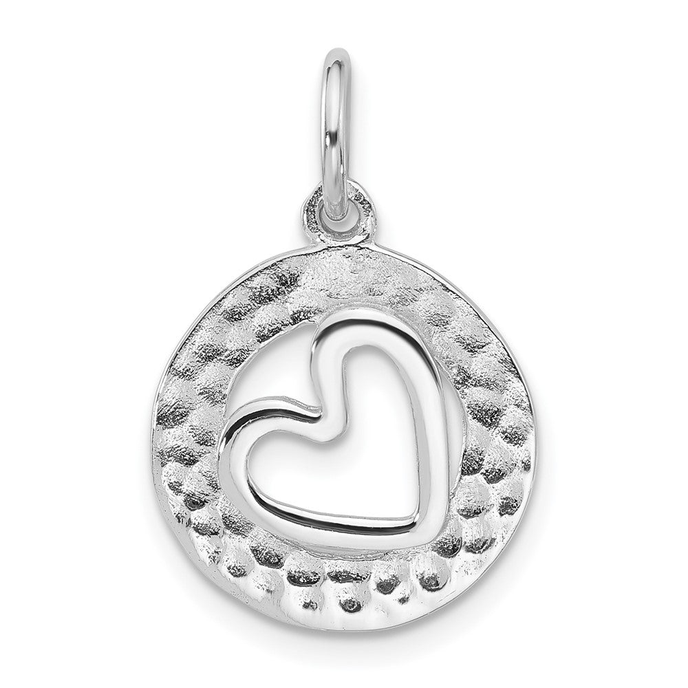 Sterling Silver Rhodium-Plated Polished/hammered Circle Heart Pendant