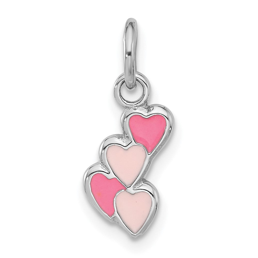 Sterling Silver Rhodium-Plated Pink Enameled Hearts Charm Pendant
