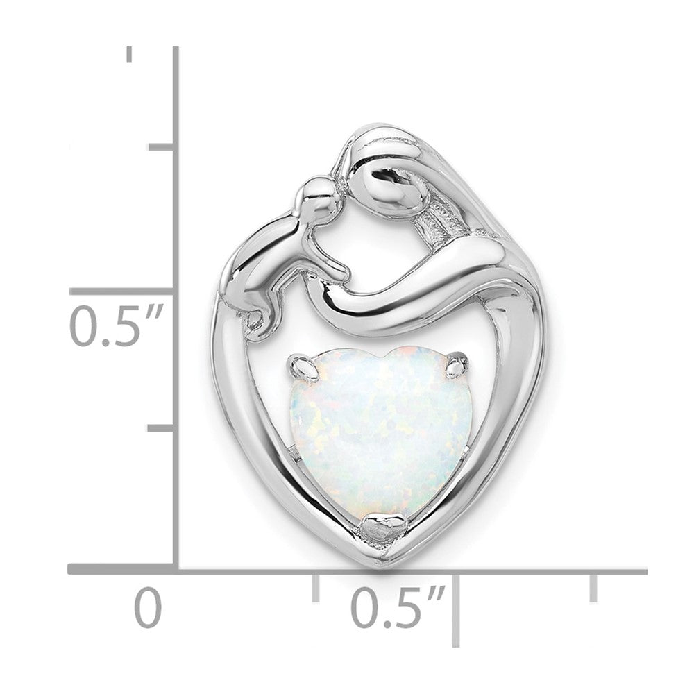 Sterling Silver Rhodium-Plated Created Opal Mother/child Heart Slide