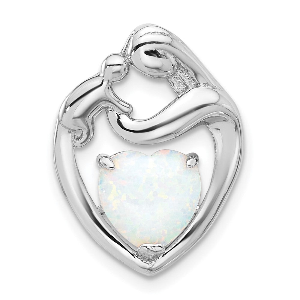 Sterling Silver Rhodium-Plated Created Opal Mother/child Heart Slide