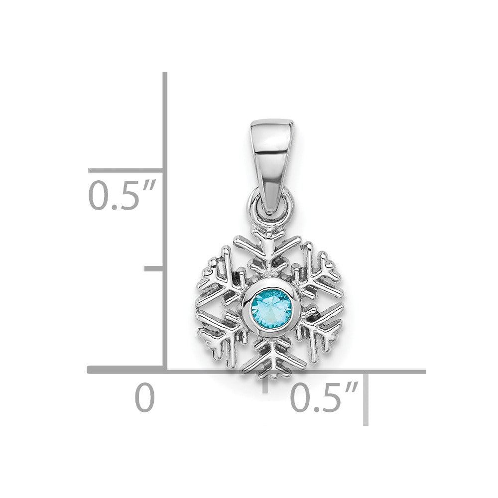 Sterling Silver Rhodium-Plated Aqua CZ Snowflake Pendant