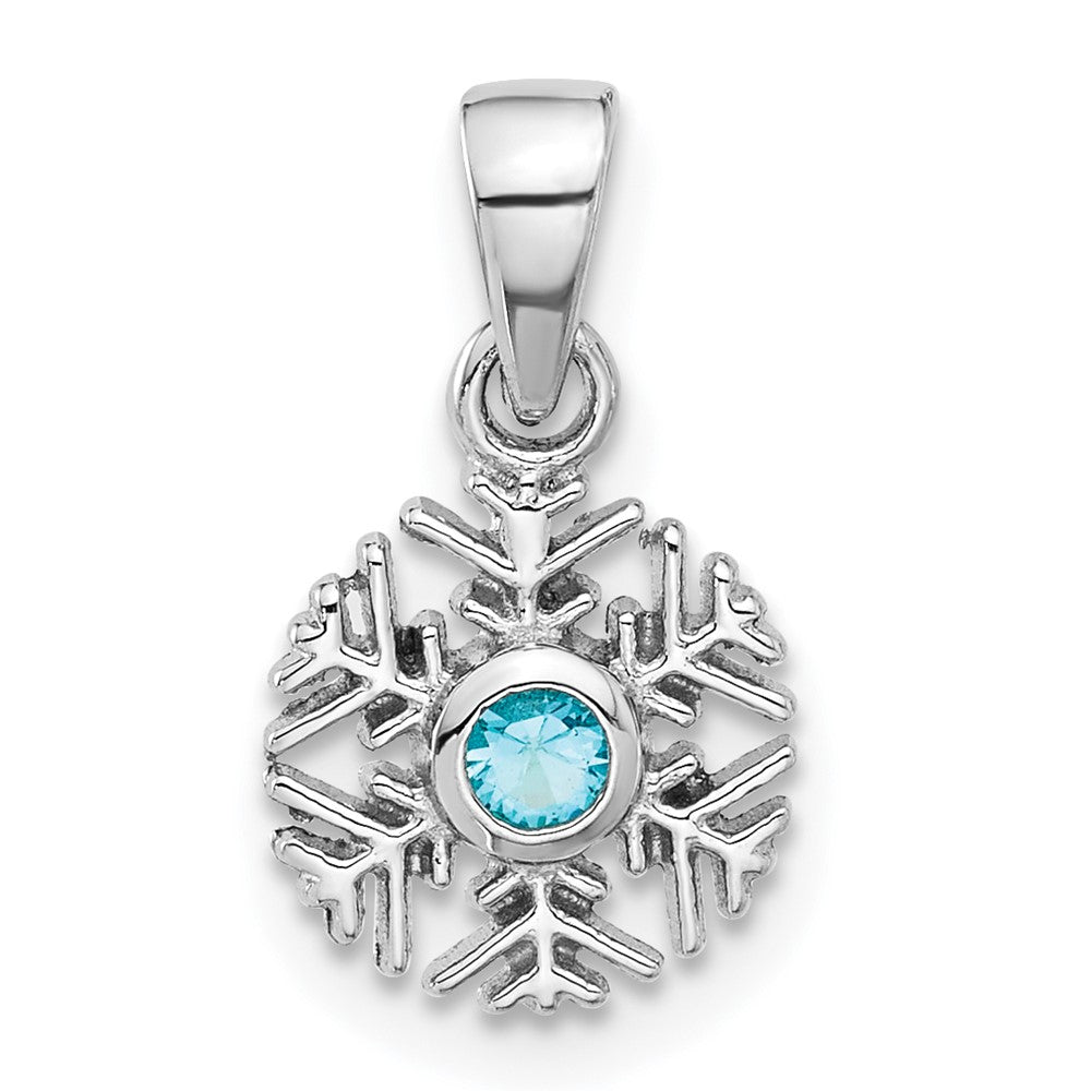 Sterling Silver Rhodium-Plated Aqua CZ Snowflake Pendant