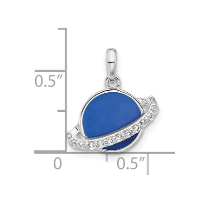 Sterling Silver Rhodium Plated Polished Round Blue Enamel CZ Planet Pendant