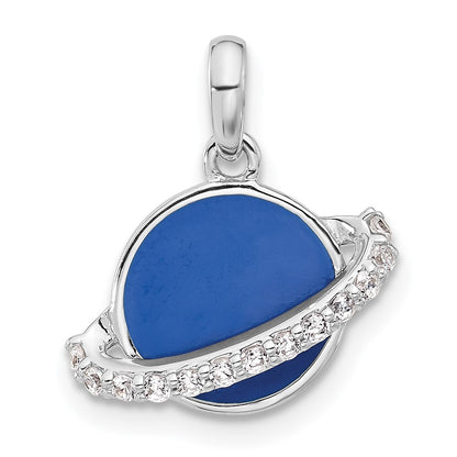 Sterling Silver Rhodium Plated Polished Round Blue Enamel CZ Planet Pendant