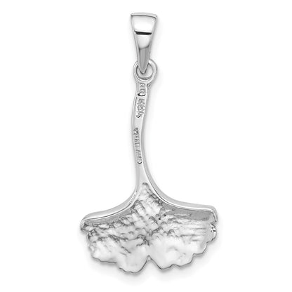 Sterling Silver Rhodium Plated Polished Grooved Ginkgo Leaf Pendant