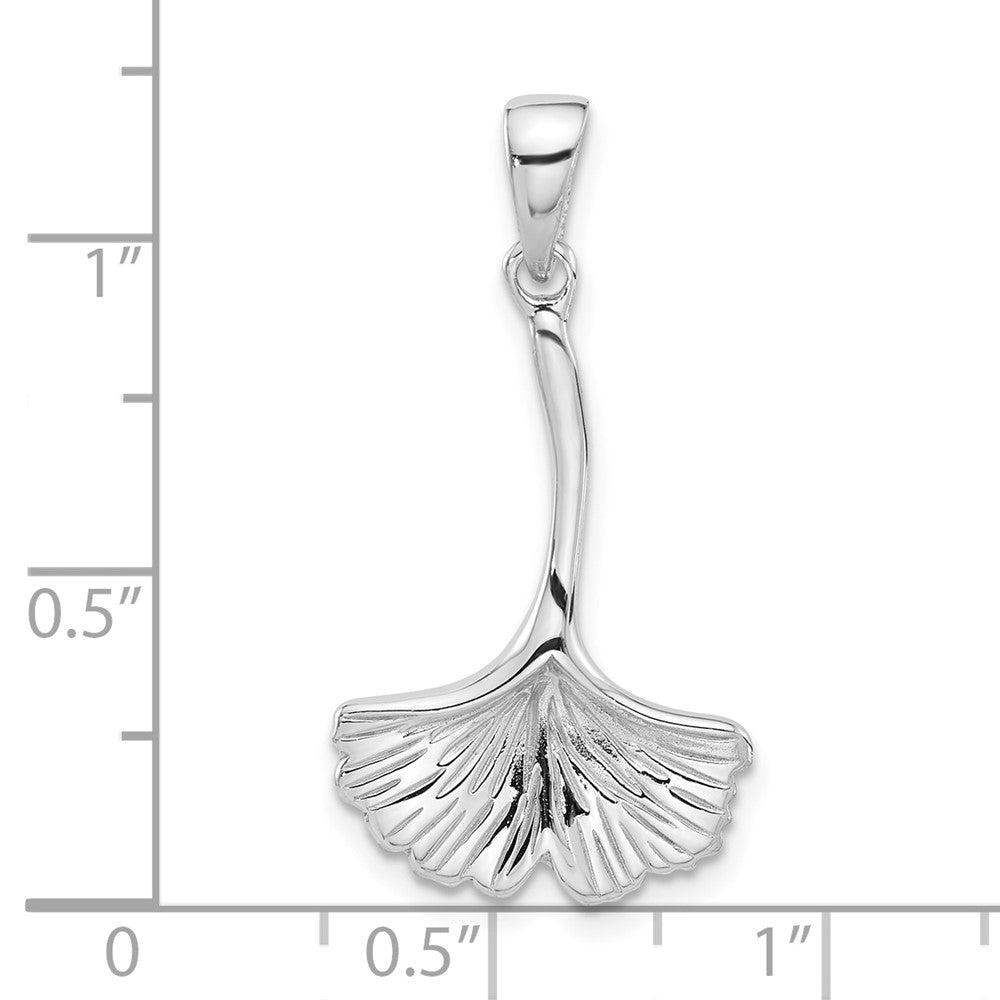Sterling Silver Rhodium Plated Polished Grooved Ginkgo Leaf Pendant