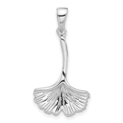Sterling Silver Rhodium Plated Polished Grooved Ginkgo Leaf Pendant