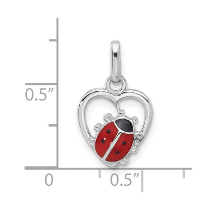 Sterling Silver Rhodium-Plated Enameled Ladybug in Heart Pendant