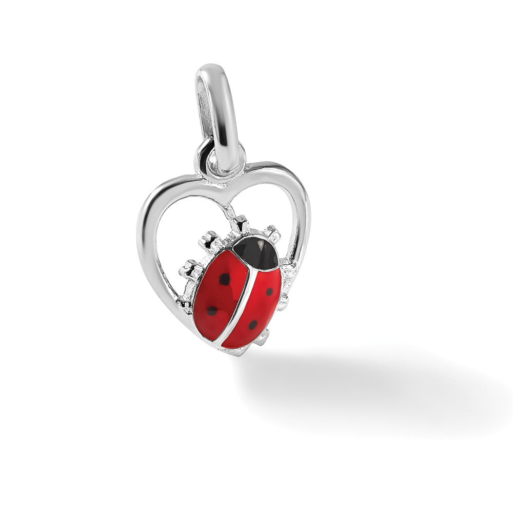 Sterling Silver Rhodium-Plated Enameled Ladybug in Heart Pendant