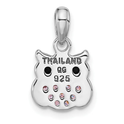 Sterling Silver Rhodium-Plated Pink/black CZ Owl Pendant